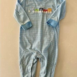 Blue Striped Kids One Piece with Train Design